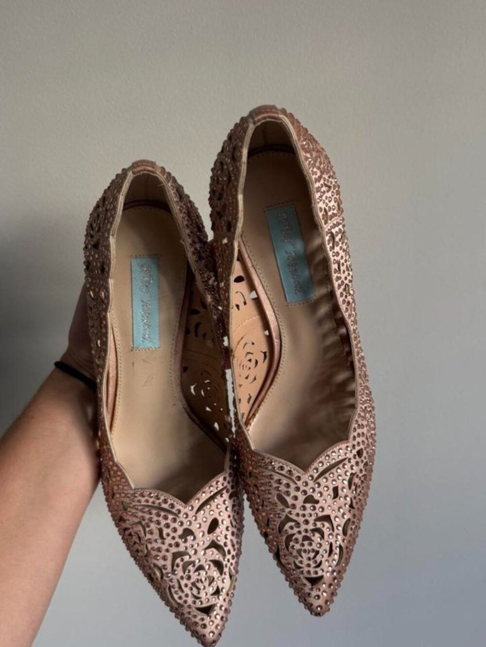 Betsey Johnson gold & brown rhinestones satin heels - Picture 2 of 4